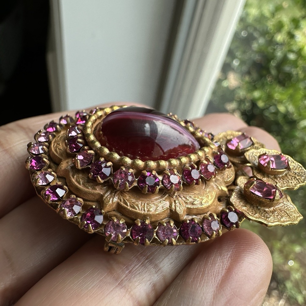 VTG Original By Robert Pendant Brooch 2 Inch Cat Eye Glass Cab Purple Rhinestone - Picture 8 of 13